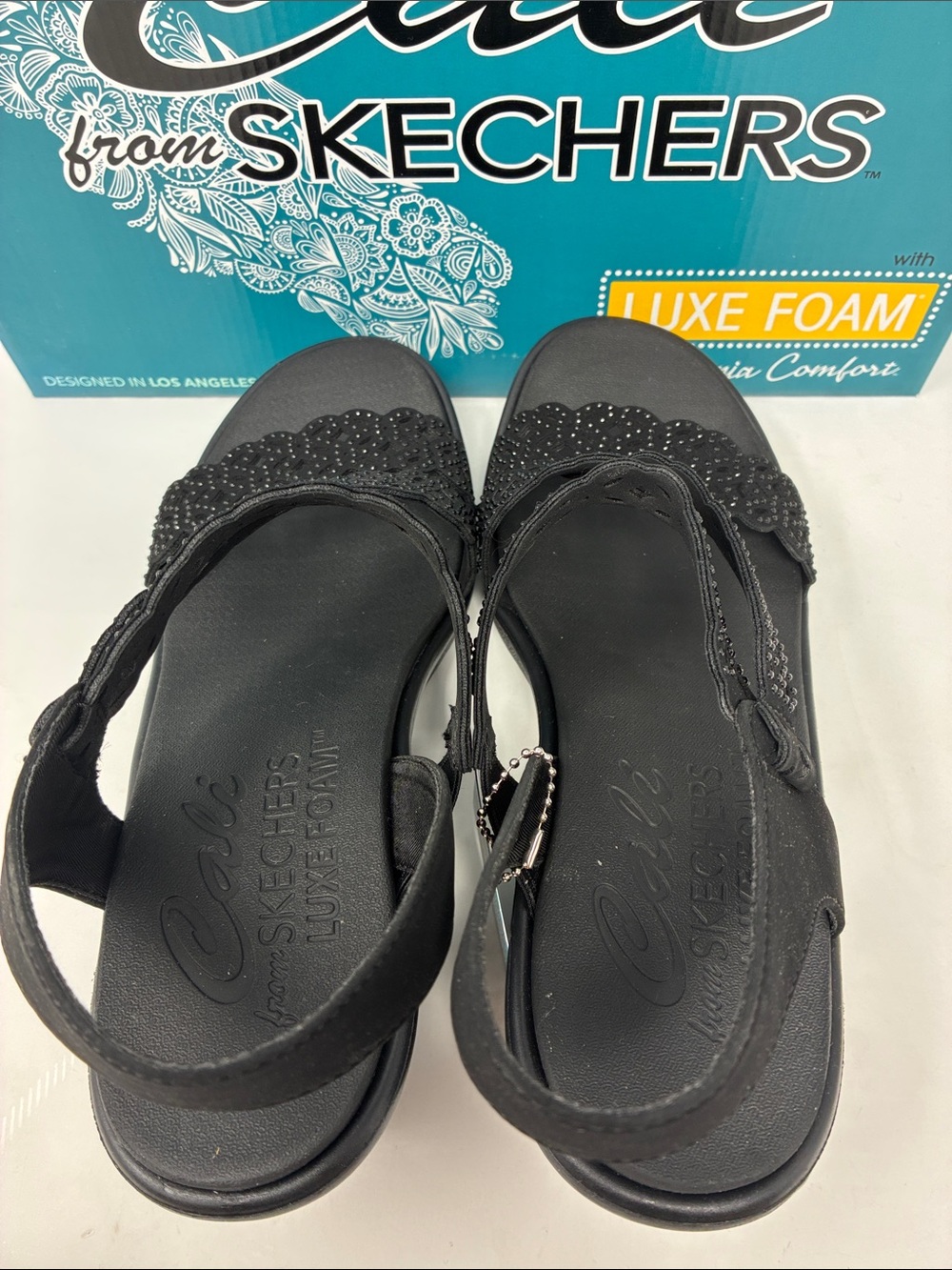 Skechers Black Cali Wedge Sandals with Decorative Laser-Cut Straps - Picture 5 of 6